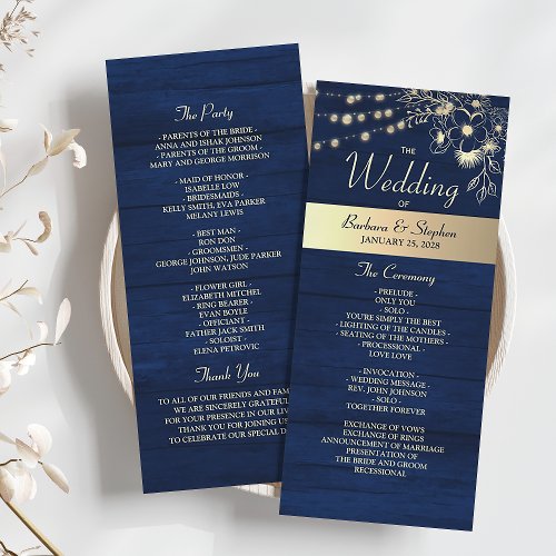 Navy Blue Rustic String Lights Wedding  Program