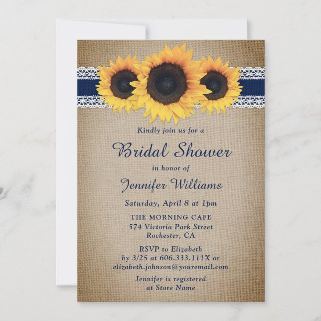 Navy Blue Rustic Sunflower Bridal Shower Invitation (Front)