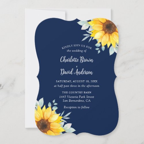 Navy Blue Rustic Sunflower Greenery Wedding Invitation