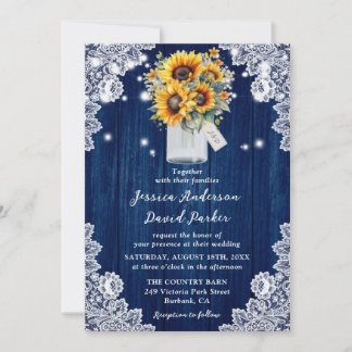 Navy Blue Rustic Sunflower Mason Jar Wood Wedding Invitation