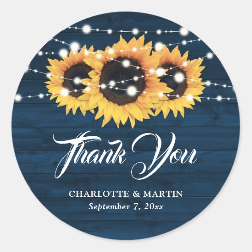 Navy Blue Rustic Sunflower Thank You Wedding Classic Round Sticker