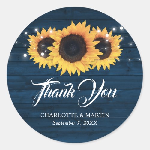 Navy Blue Rustic Sunflower Thank You Wedding Classic Round Sticker