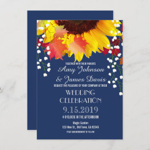 Navy Blue Rustic Sunflower Wedding Invitations