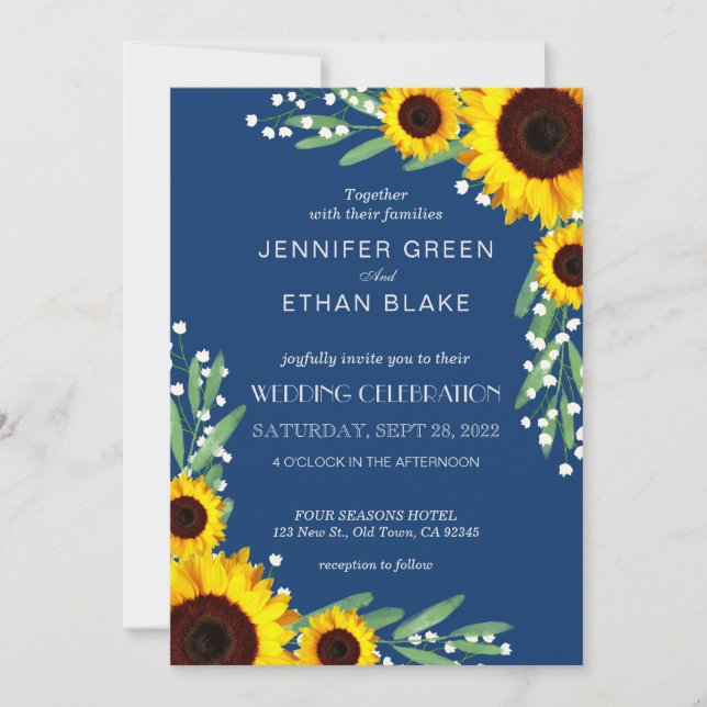 Navy Blue Rustic Sunflower Wedding Invitations (Front)