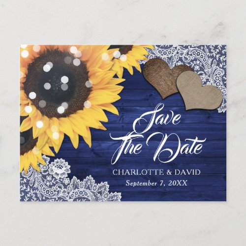Navy Blue Rustic Sunflower Wedding Save The Date Announcement Postcard