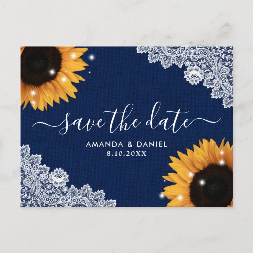 Navy Blue Rustic Sunflower Wedding Save The Date Announcement Postcard