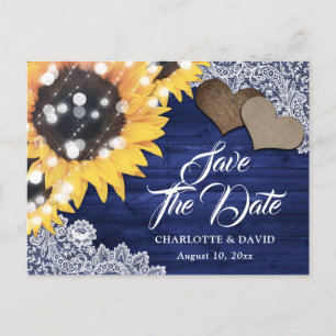 Navy Blue Rustic Sunflower Wedding Save The Date Announcement Postcard