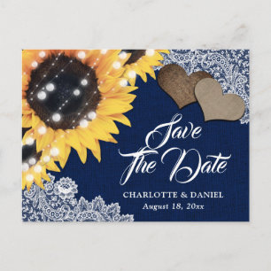 Navy Blue Rustic Sunflower Wedding Save The Date Announcement Postcard