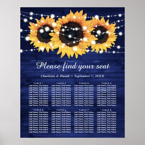 Navy Blue Rustic Sunflower Wedding Seating Chart 8