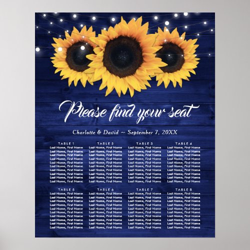 Navy Blue Rustic Sunflower Wedding Seating Chart 8