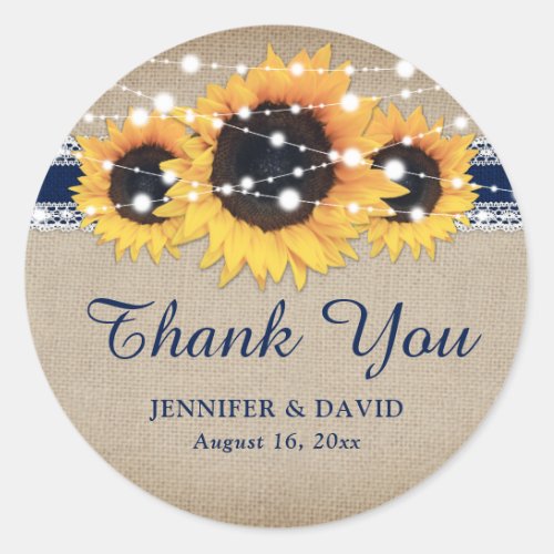 Navy Blue Rustic Sunflower Wedding Thank You Classic Round Sticker