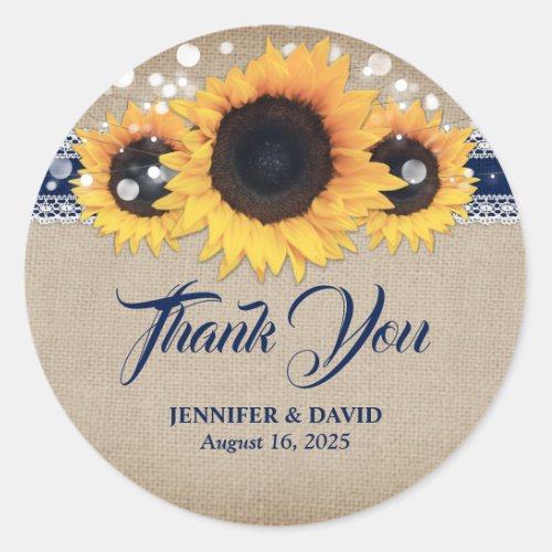 Navy Blue Rustic Sunflower Wedding Thank You Classic Round Sticker