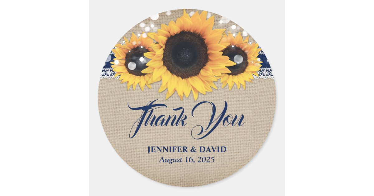 Navy Blue Rustic Sunflower Wedding Thank You Classic Round Sticker | Zazzle