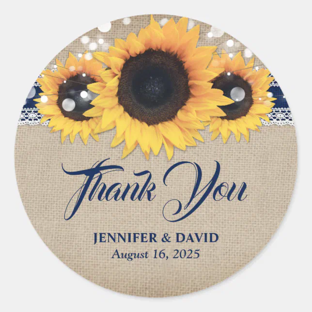 Navy Blue Rustic Sunflower Wedding Thank You Classic Round Sticker | Zazzle