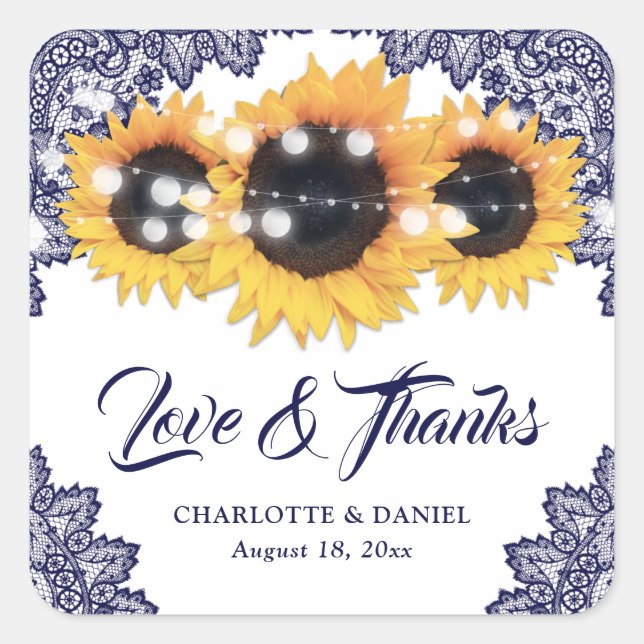 Navy Blue Rustic Sunflower Wedding Thank You Square Sticker (Front)