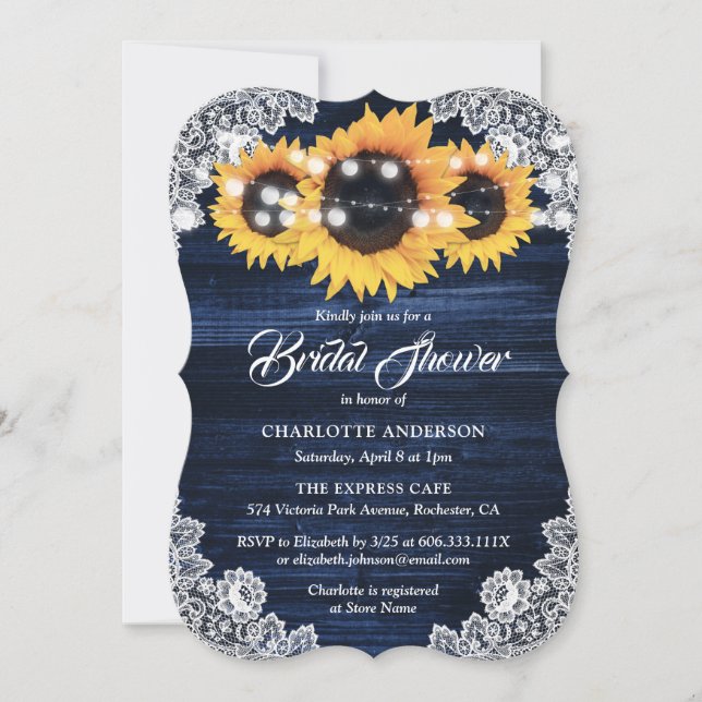Navy Blue Rustic Sunflower Wood Lace Bridal Shower Invitation (Front)