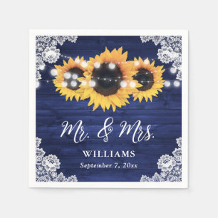 Navy Blue Rustic Sunflower Wood Lace Wedding Napkins