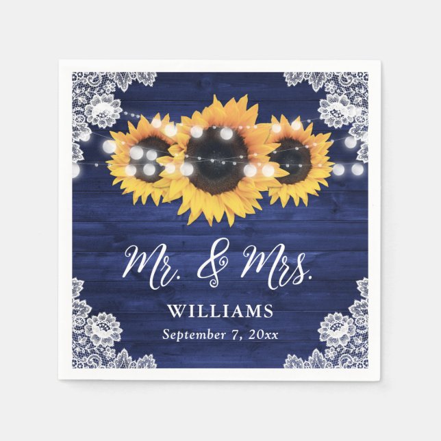 Navy Blue Rustic Sunflower Wood Lace Wedding Napkins (Front)