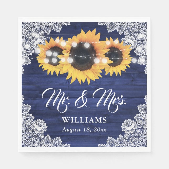 Navy Blue Rustic Sunflower Wood Lace Wedding Napkins (Front)