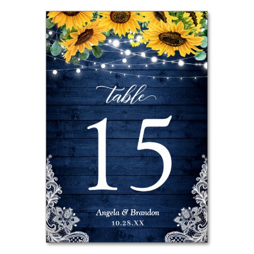 Navy Blue Rustic Sunflowers String Lights Wedding Table Number