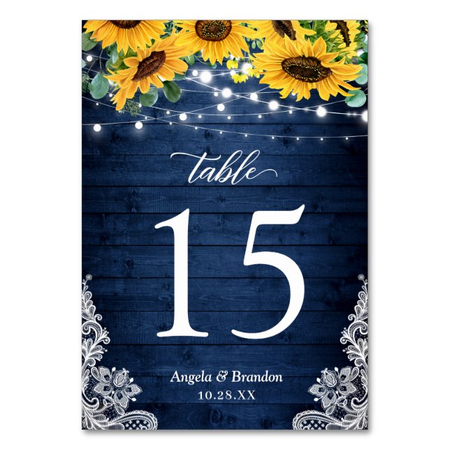 Navy Blue Rustic Sunflowers String Lights Wedding Table Number (Front)