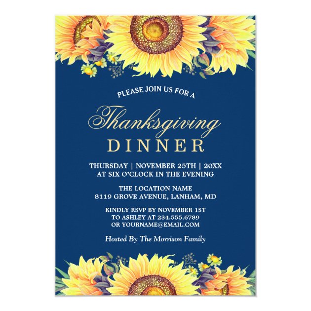 Navy Blue Rustic Sunflowers Thanksgiving Dinner Card