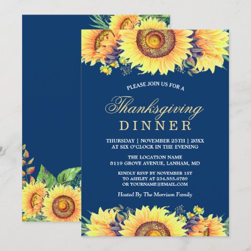Navy Blue Rustic Sunflowers Thanksgiving Dinner Card