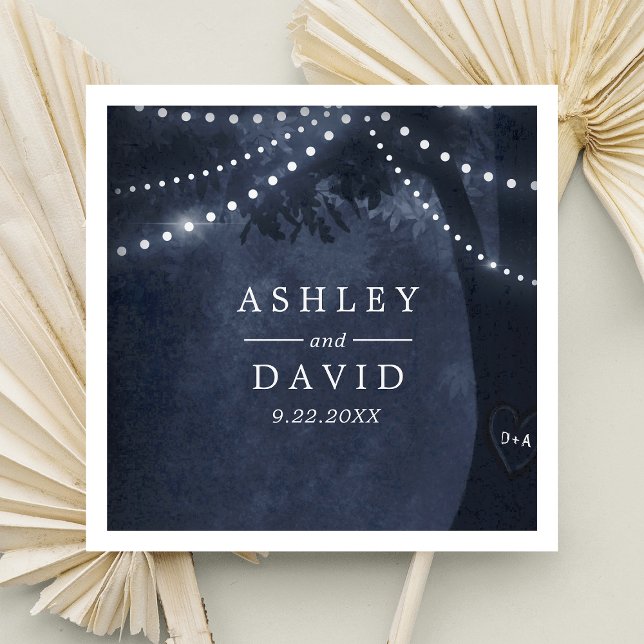 Navy Blue Rustic Tree Lights Initials Wedding Napkins (Creator Uploaded)