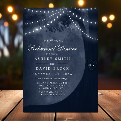 Navy Blue Rustic Tree Lights Rehearsal Dinner Invitation