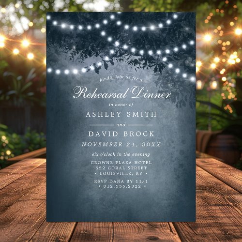 Navy Blue Rustic Tree Lights Rehearsal Dinner Invitation