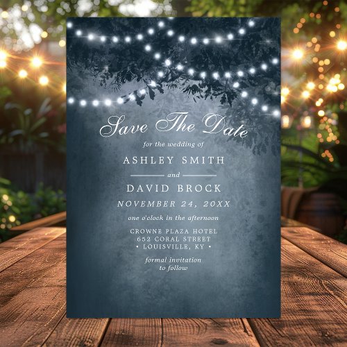 Navy Blue Rustic Tree Lights Save The Date