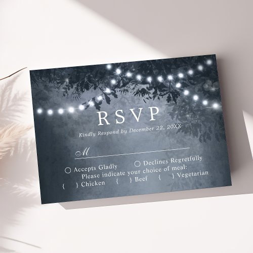 Navy Blue Rustic Tree Lights Wedding Rsvp