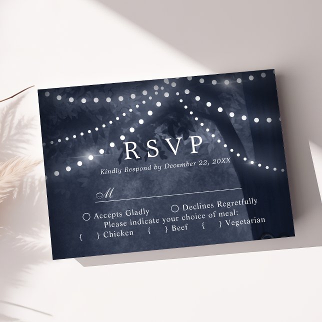 Navy Blue Rustic Tree Lights Wedding RSVP Card (Creator Uploaded)
