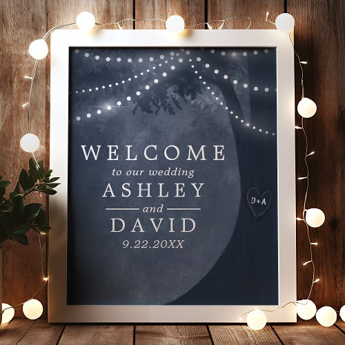 Navy Blue Rustic Tree Lights Wedding Welcome Sign