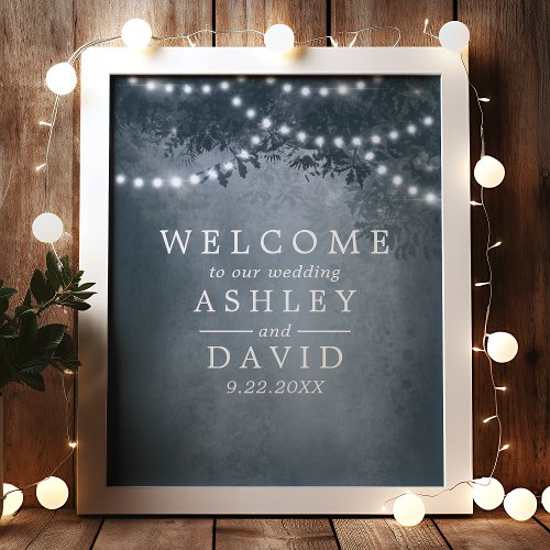 Navy Blue Rustic Tree Lights Wedding Welcome Sign