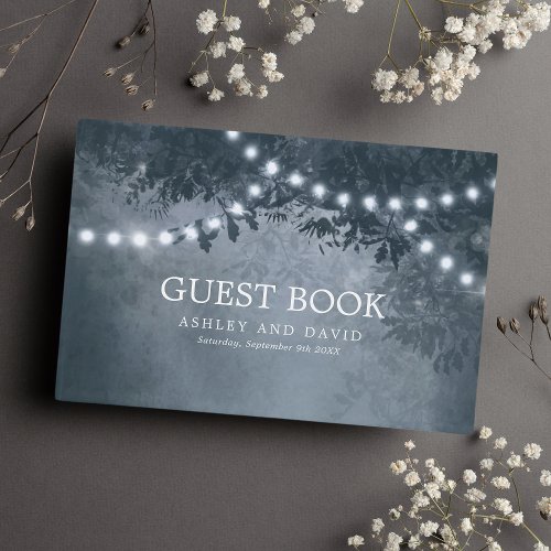 Navy Blue Rustic Tree String Lights Wedding Guest Book