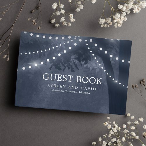 Navy Blue Rustic Tree String Lights Wedding Guest Book