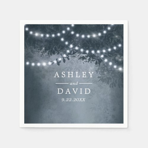 Navy Blue Rustic Tree String Lights Wedding Napkins