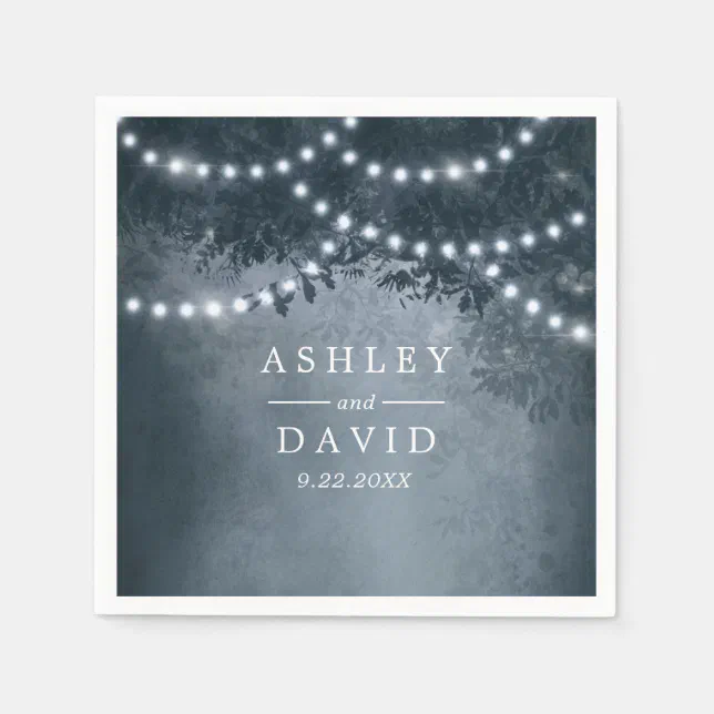 Navy Blue Rustic Tree String Lights Wedding Napkins | Zazzle