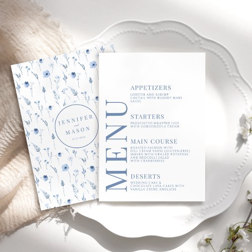 Navy blue rustic wildflower wedding menu cards