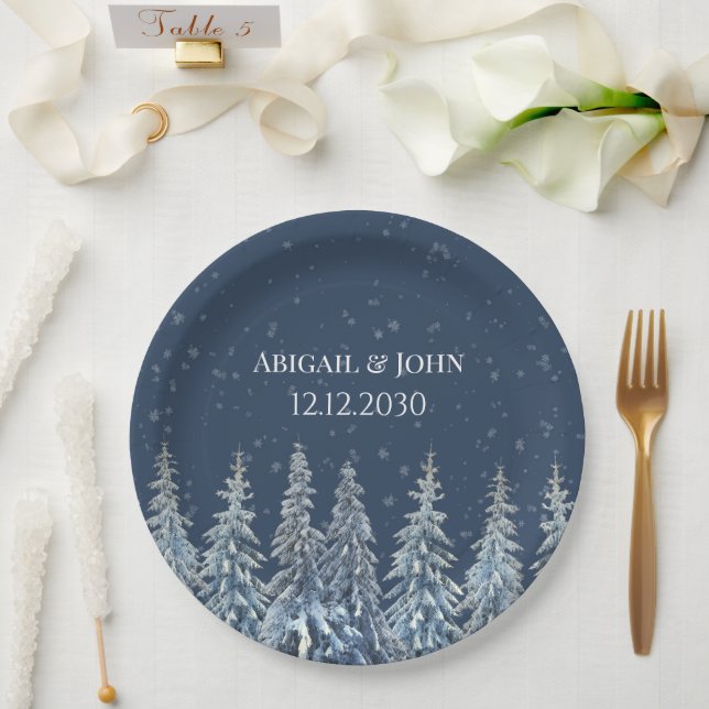 Navy Blue Rustic Winter Forest Wedding Paper Plates (Wedding)