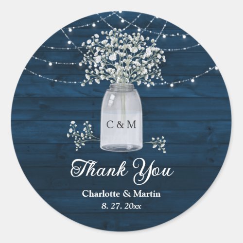 Navy Blue Rustic Wood Babys Breath Thank You Classic Round Sticker