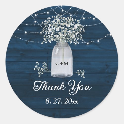 Navy Blue Rustic Wood Babys Breath Thank You Classic Round Sticker