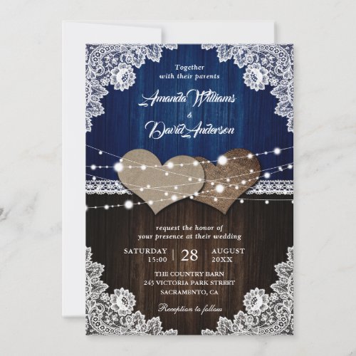 Navy Blue Rustic Wood Burlap and Lace Wedding Invitation