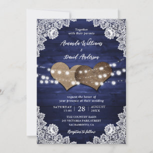 Navy Blue Rustic Wood Burlap Lace Lights Wedding Invitation