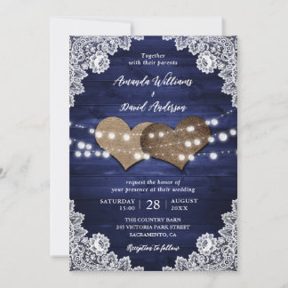 Navy Blue Rustic Wood Burlap Lace Lights Wedding Invitation