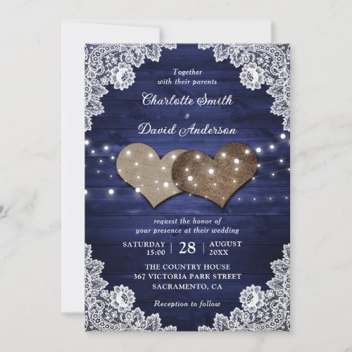 Navy Blue Rustic Wood Burlap Lace Lights Wedding Invitation