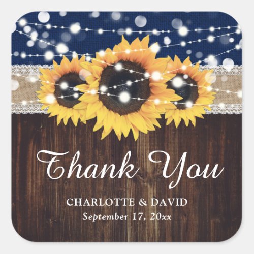 Navy Blue Rustic Wood Burlap Sunflower Wedding Square Sticker