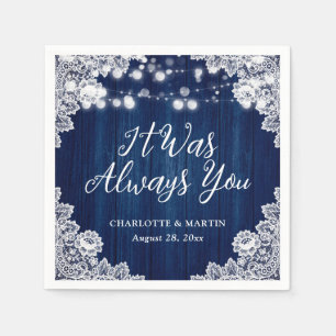 Navy Blue Rustic Wood Floral Lace Wedding Napkins