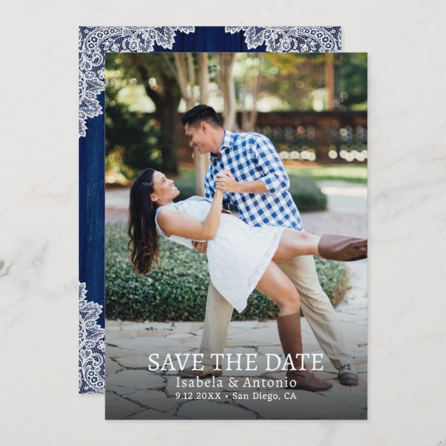 Navy Blue Rustic Wood Floral Lace Wedding Photo Save The Date (Front/Back)